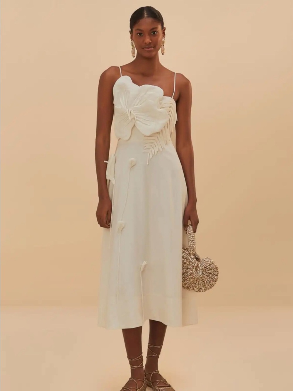 FARM Rio Cream Floral Appliqué Midi Dress with Spaghetti Straps NWT